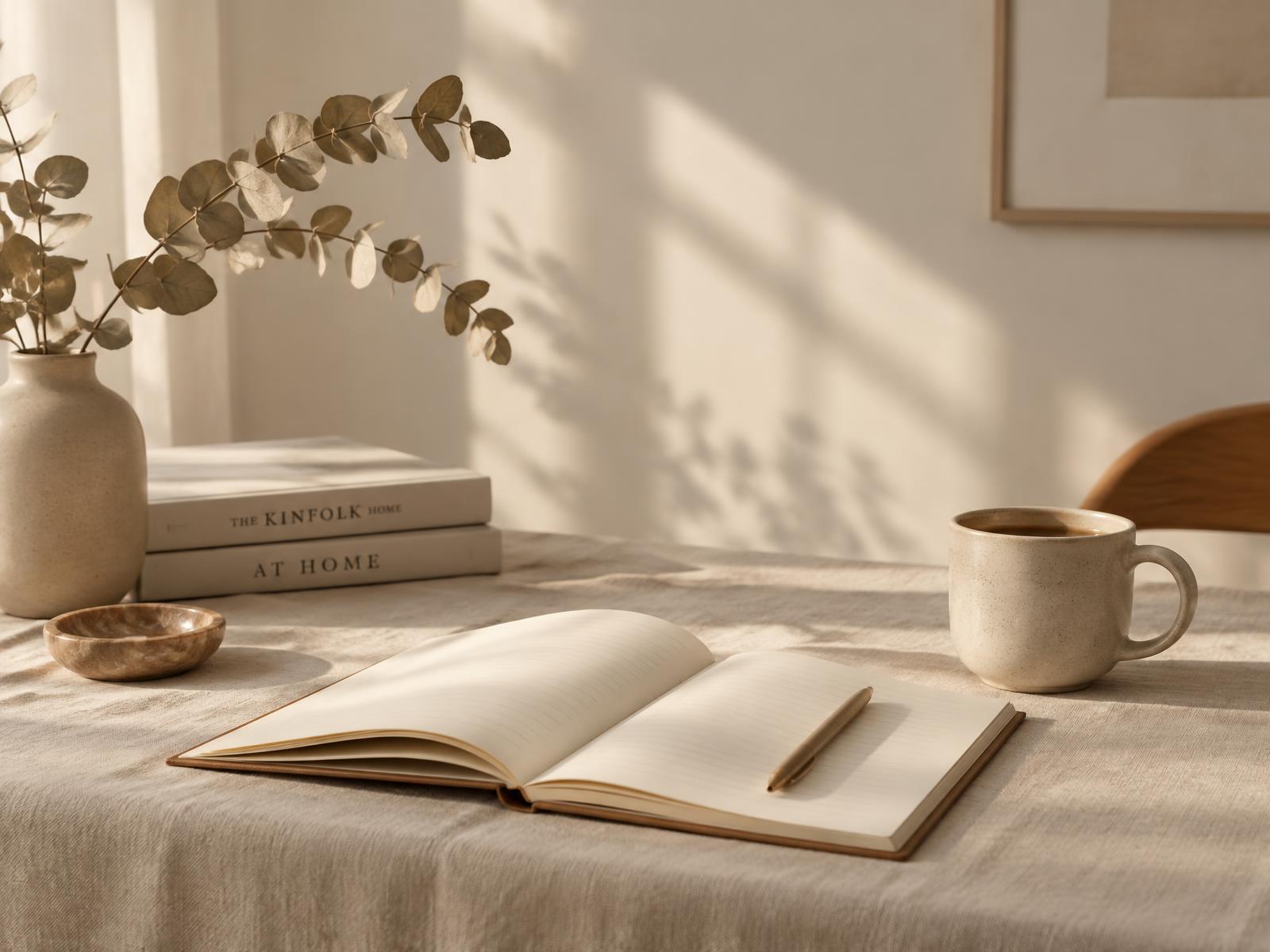Carnet ouvert, tasse et branche séchée sur une nappe de lin beige